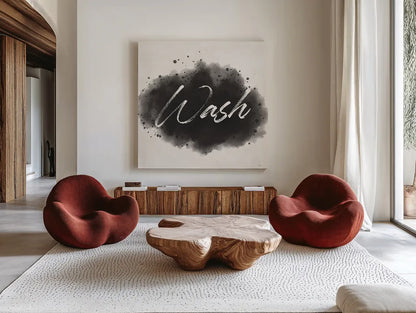 Laundry Splash I by Jess Aiken. Shown as extra-large giant wall art in a modern living room. Available as an archival giclee rolled canvas, fine art paper, or poster print. SKU 66266a.