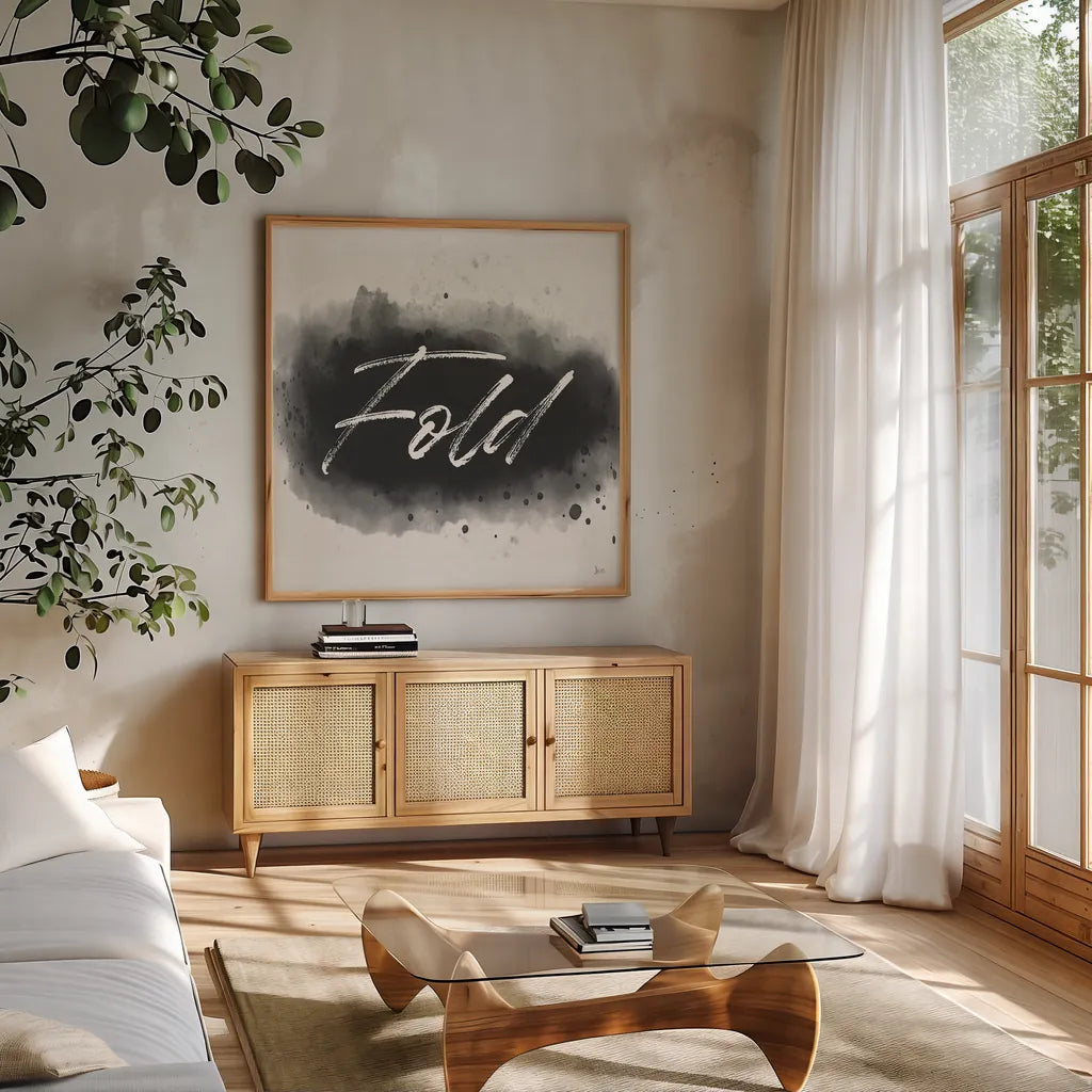 Laundry Splash III by Jess Aiken. Shown in a natural wood frame in a cozy modern living room. Available as an archival giclee rolled canvas, fine art paper, or poster print. SKU 66268a.