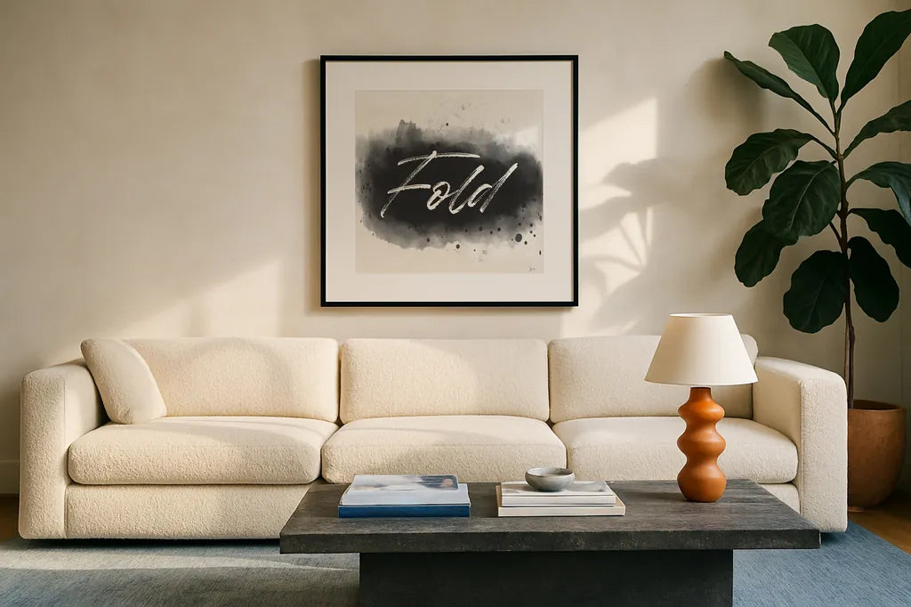 Laundry Splash III by Jess Aiken. Displayed in a glass frame with matte in a clean modern living room. Available as an archival giclee rolled canvas, fine art paper, or poster print. SKU 66268a.