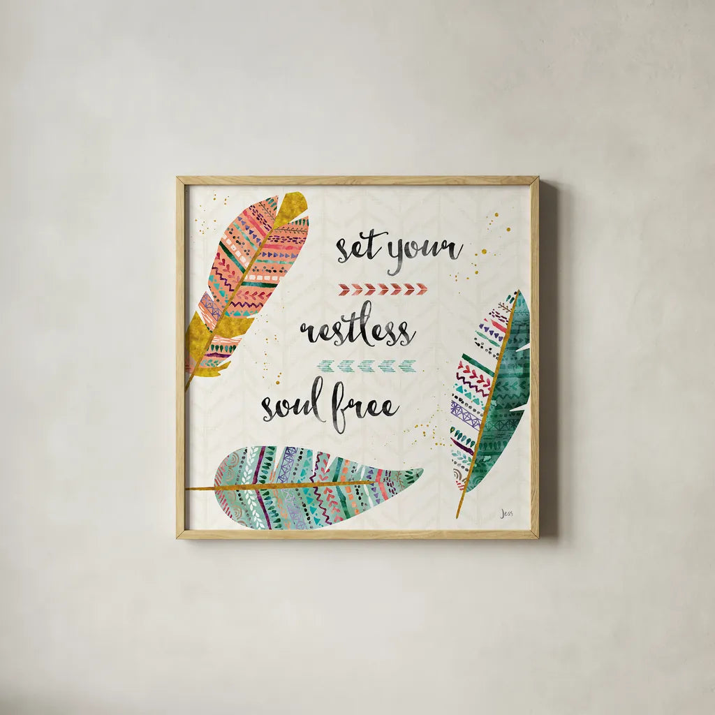 Light as a Feather II by Jess Aiken. Shown in a natural wood glass frame for a timeless modern aesthetic. Available as an archival giclee rolled canvas, fine art paper, or poster print. SKU 32030a.