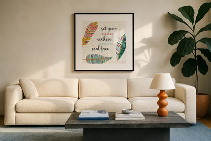 Light as a Feather II by Jess Aiken. Displayed in a glass frame with matte in a clean modern living room. Available as an archival giclee rolled canvas, fine art paper, or poster print. SKU 32030a.
