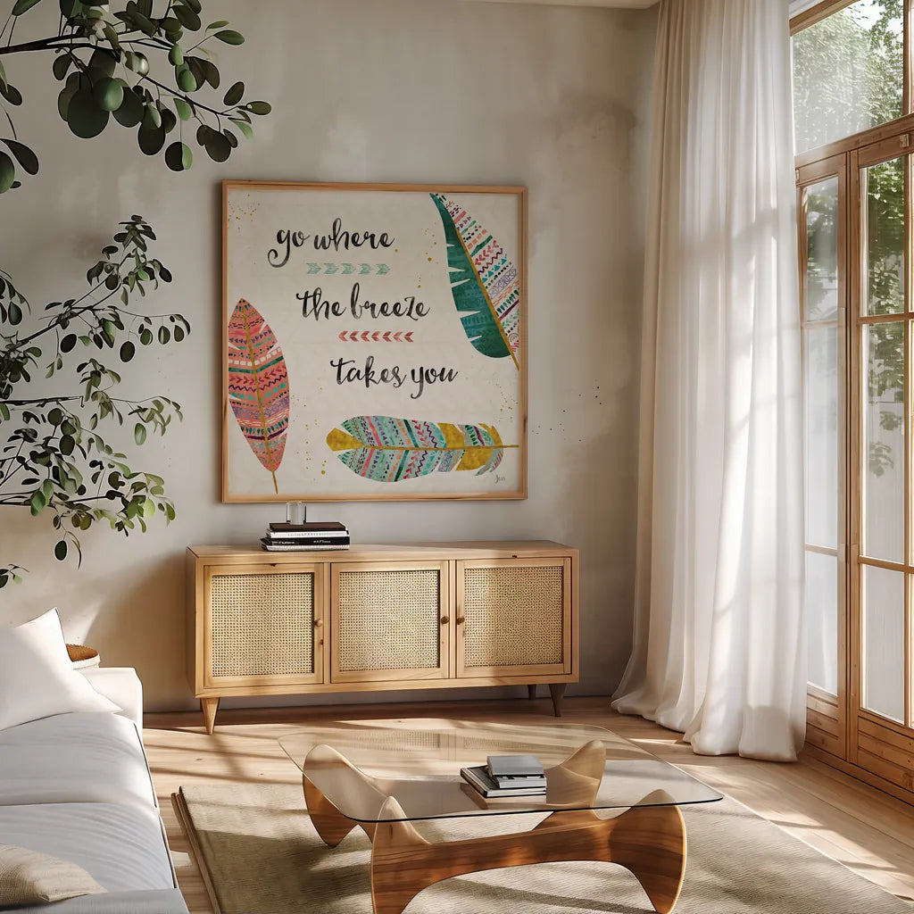 Light as a Feather III by Jess Aiken. Shown in a natural wood frame in a cozy modern living room. Available as an archival giclee rolled canvas, fine art paper, or poster print. SKU 32031a.