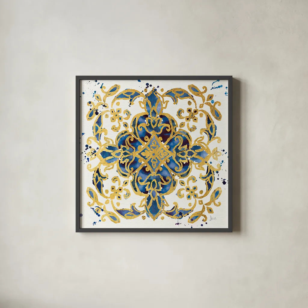 Little Jewels IV Blue by Jess Aiken. Shown in a sleek black glass frame for a contemporary gallery look. Available as an archival giclee rolled canvas, fine art paper, or poster print. SKU 22124a.