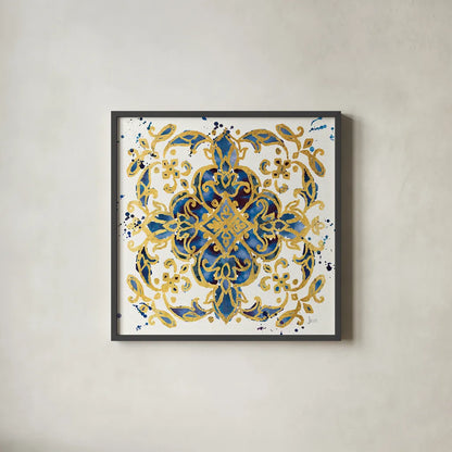 Little Jewels IV Blue by Jess Aiken. Shown in a sleek black glass frame for a contemporary gallery look. Available as an archival giclee rolled canvas, fine art paper, or poster print. SKU 22124a.