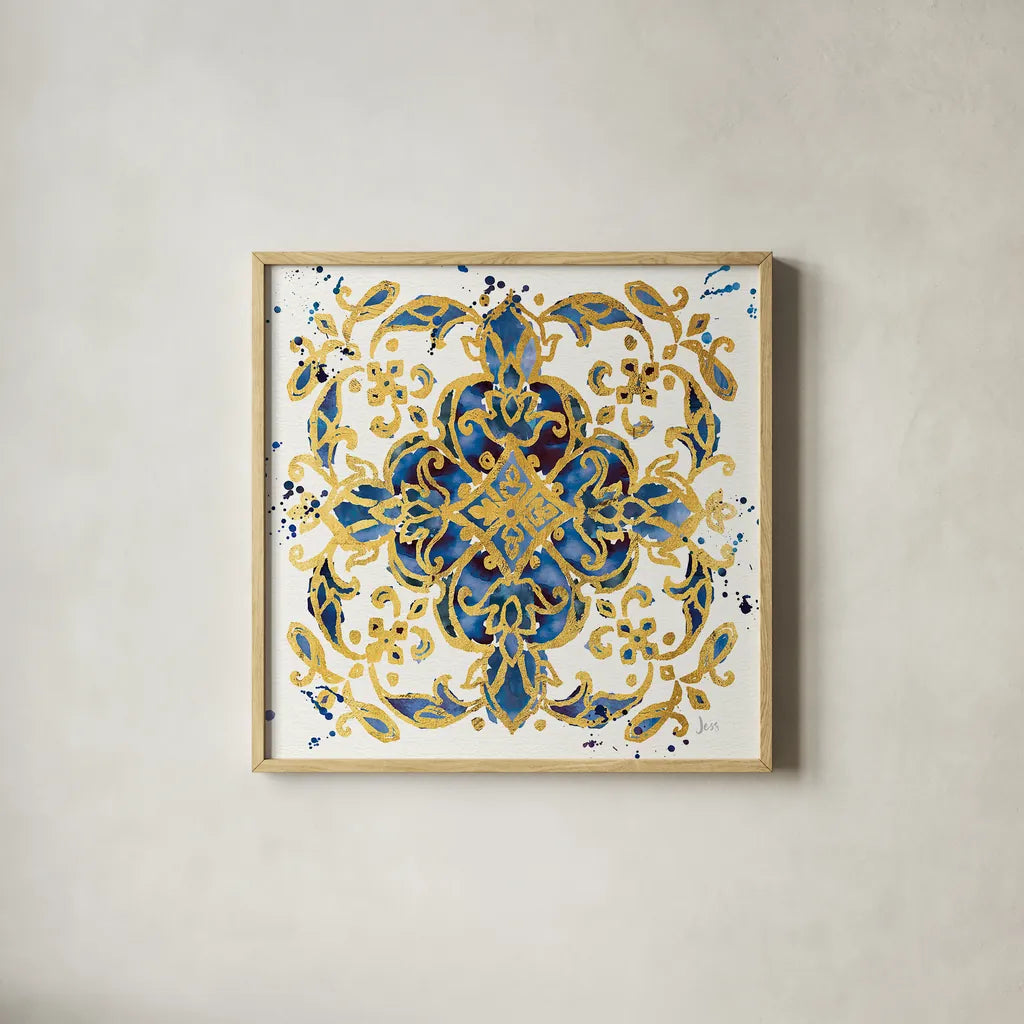 Little Jewels IV Blue by Jess Aiken. Shown in a natural wood glass frame for a timeless modern aesthetic. Available as an archival giclee rolled canvas, fine art paper, or poster print. SKU 22124a.