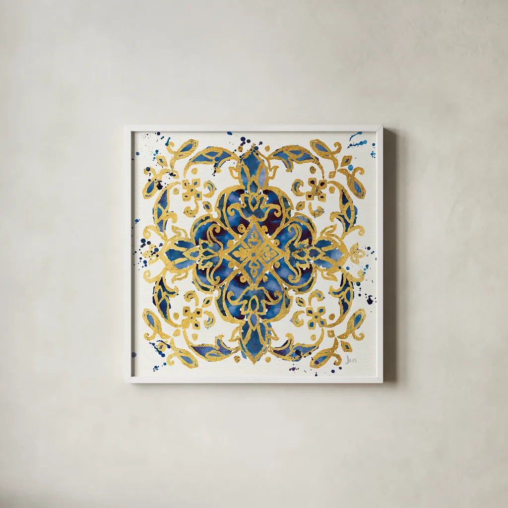 Little Jewels IV Blue by Jess Aiken. Shown in a crisp white glass frame for a clean and minimalist style. Available as an archival giclee rolled canvas, fine art paper, or poster print. SKU 22124a.