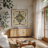 Little Jewels IV Blue by Jess Aiken. Shown in a natural wood frame in a cozy modern living room. Available as an archival giclee rolled canvas, fine art paper, or poster print. SKU 22124a.