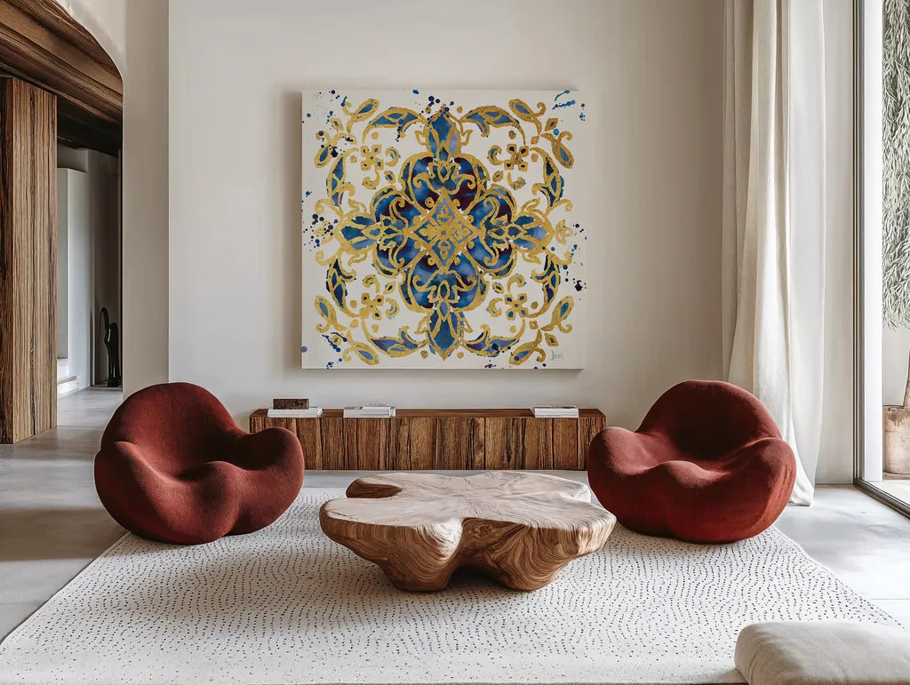 Little Jewels IV Blue by Jess Aiken. Shown as extra-large giant wall art in a modern living room. Available as an archival giclee rolled canvas, fine art paper, or poster print. SKU 22124a.