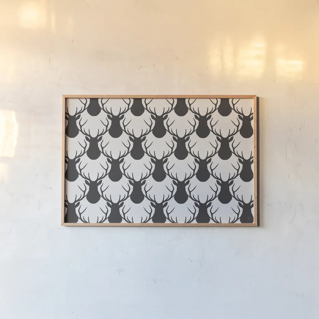 Lodge Antlers I by Jess Aiken. shown as a paper print in a natural frame. Available as a archival giclee rolled canvas, fine art paper, or poster print. SKU 76123i.