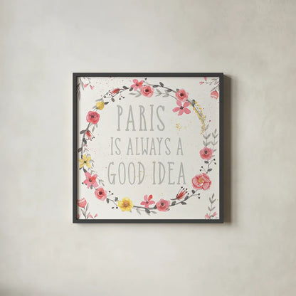 Paris Blooms IV by Jess Aiken. Shown in a sleek black glass frame for a contemporary gallery look. Available as an archival giclee rolled canvas, fine art paper, or poster print. SKU 24130a.