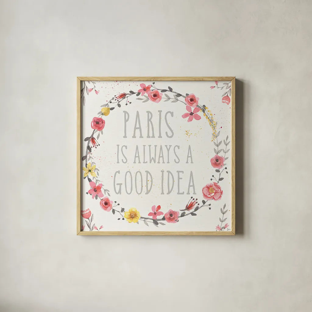 Paris Blooms IV by Jess Aiken. Shown in a natural wood glass frame for a timeless modern aesthetic. Available as an archival giclee rolled canvas, fine art paper, or poster print. SKU 24130a.