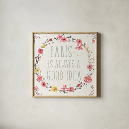 Paris Blooms IV by Jess Aiken. Shown in a natural wood glass frame for a timeless modern aesthetic. Available as an archival giclee rolled canvas, fine art paper, or poster print. SKU 24130a.