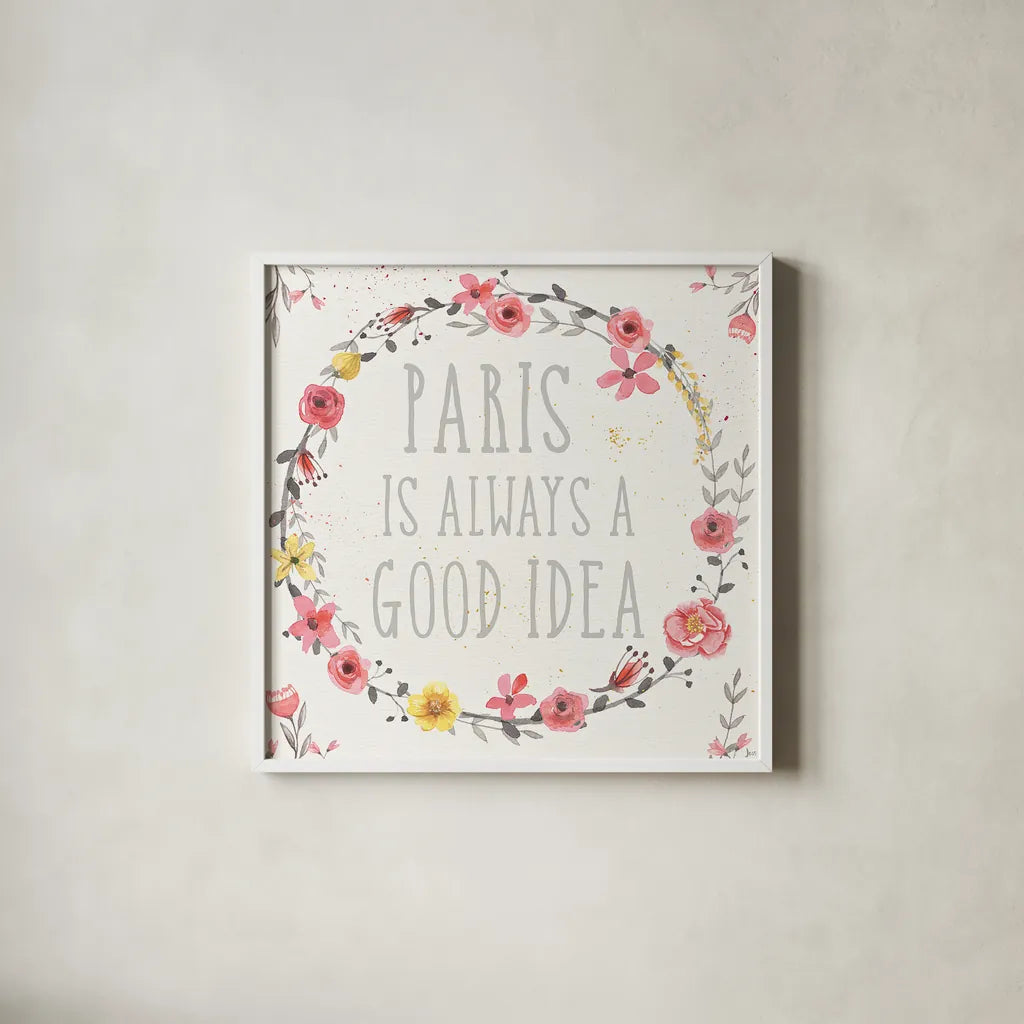 Paris Blooms IV by Jess Aiken. Shown in a crisp white glass frame for a clean and minimalist style. Available as an archival giclee rolled canvas, fine art paper, or poster print. SKU 24130a.