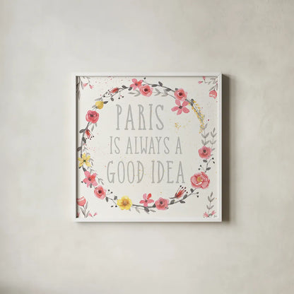 Paris Blooms IV by Jess Aiken. Shown in a crisp white glass frame for a clean and minimalist style. Available as an archival giclee rolled canvas, fine art paper, or poster print. SKU 24130a.