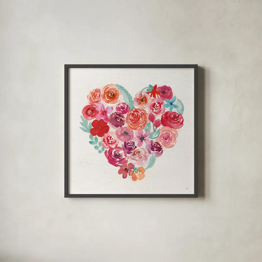 Petals of Love I by Jess Aiken. Shown in a sleek black glass frame for a contemporary gallery look. Available as an archival giclee rolled canvas, fine art paper, or poster print. SKU 69548a.