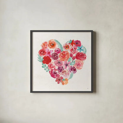 Petals of Love I by Jess Aiken. Shown in a sleek black glass frame for a contemporary gallery look. Available as an archival giclee rolled canvas, fine art paper, or poster print. SKU 69548a.
