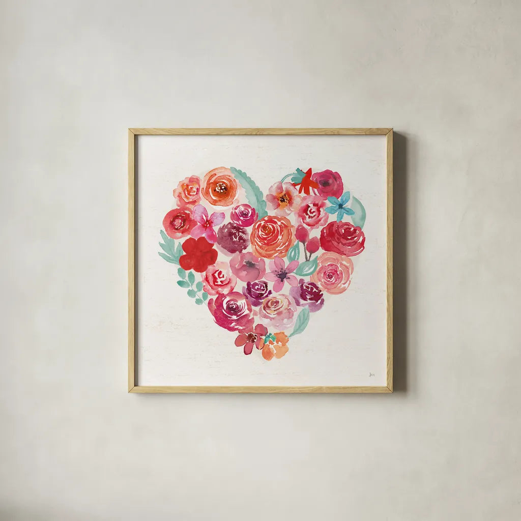 Petals of Love I by Jess Aiken. Shown in a natural wood glass frame for a timeless modern aesthetic. Available as an archival giclee rolled canvas, fine art paper, or poster print. SKU 69548a.