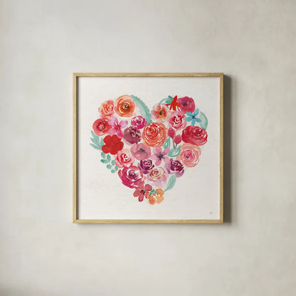 Petals of Love I by Jess Aiken. Shown in a natural wood glass frame for a timeless modern aesthetic. Available as an archival giclee rolled canvas, fine art paper, or poster print. SKU 69548a.