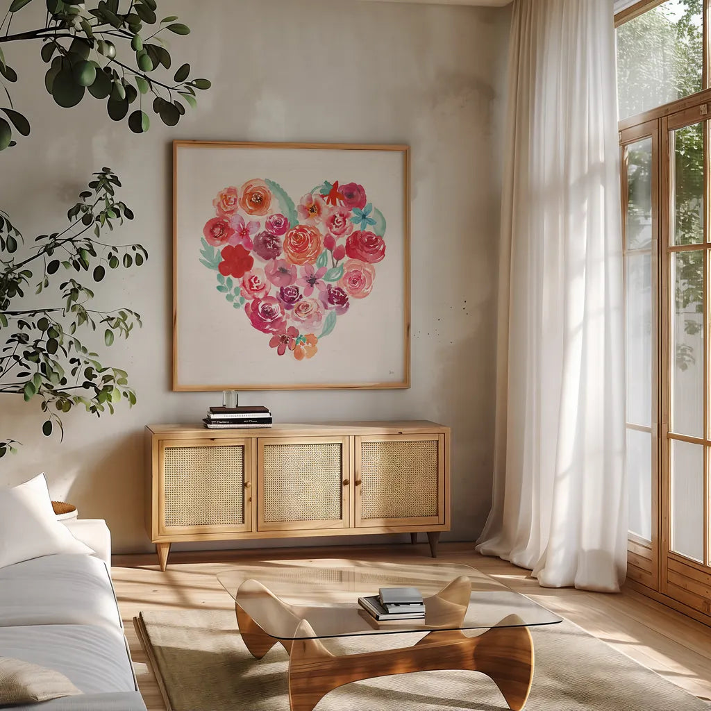 Petals of Love I by Jess Aiken. Shown in a natural wood frame in a cozy modern living room. Available as an archival giclee rolled canvas, fine art paper, or poster print. SKU 69548a.