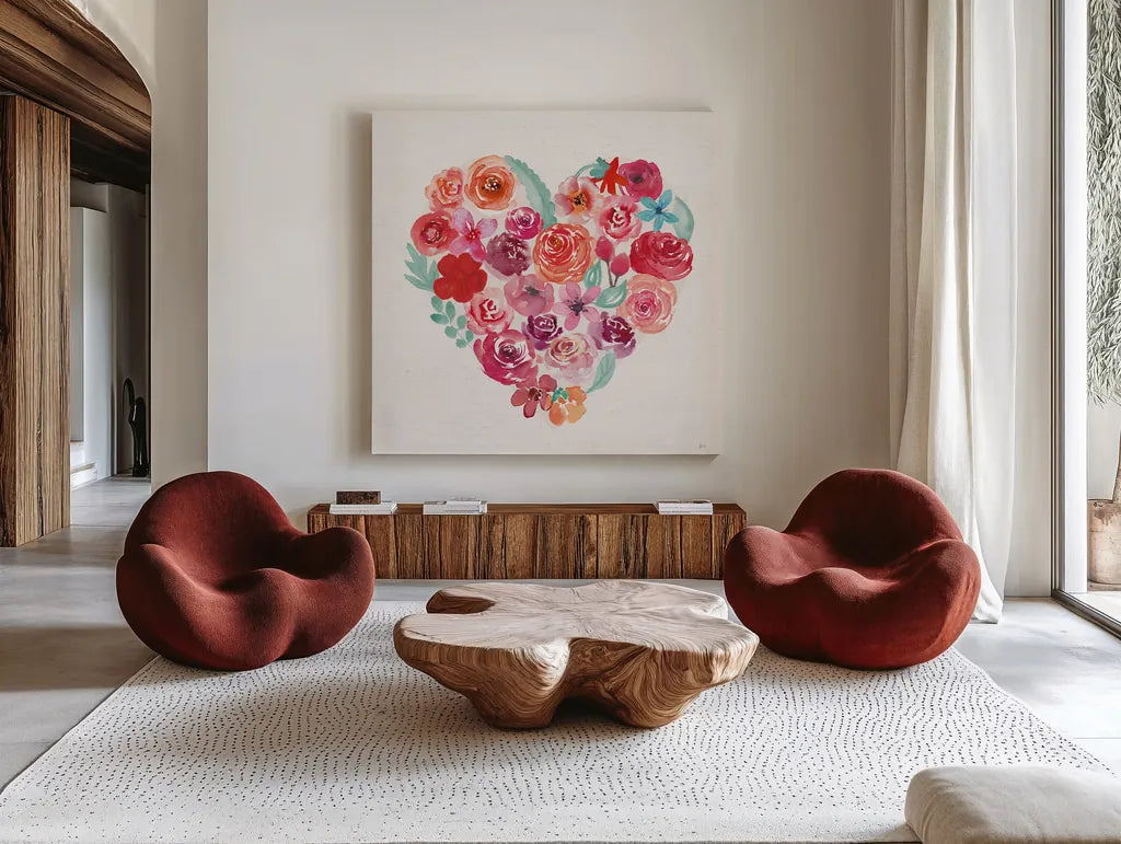 Petals of Love I by Jess Aiken. Shown as extra-large giant wall art in a modern living room. Available as an archival giclee rolled canvas, fine art paper, or poster print. SKU 69548a.
