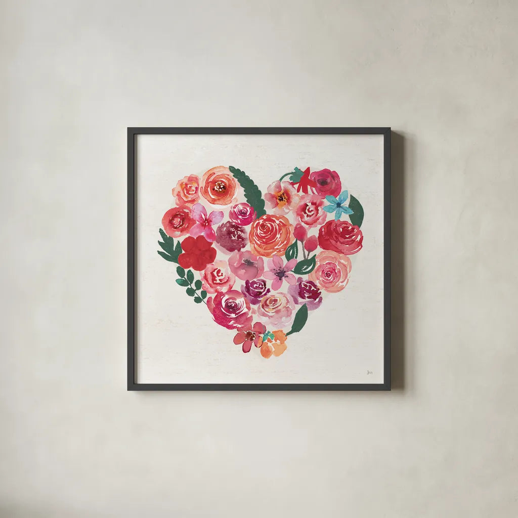 Petals of Love I Dark by Jess Aiken. Shown in a sleek black glass frame for a contemporary gallery look. Available as an archival giclee rolled canvas, fine art paper, or poster print. SKU 70518a.