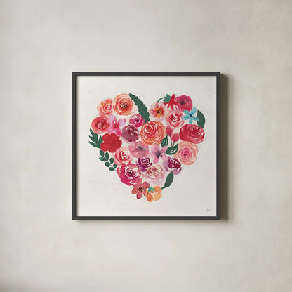 Petals of Love I Dark by Jess Aiken. Shown in a sleek black glass frame for a contemporary gallery look. Available as an archival giclee rolled canvas, fine art paper, or poster print. SKU 70518a.