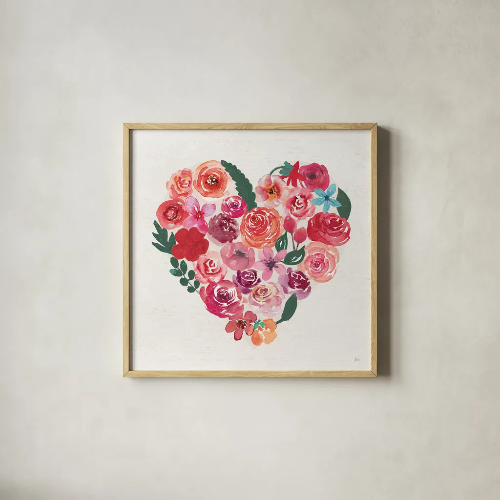 Petals of Love I Dark by Jess Aiken. Shown in a natural wood glass frame for a timeless modern aesthetic. Available as an archival giclee rolled canvas, fine art paper, or poster print. SKU 70518a.