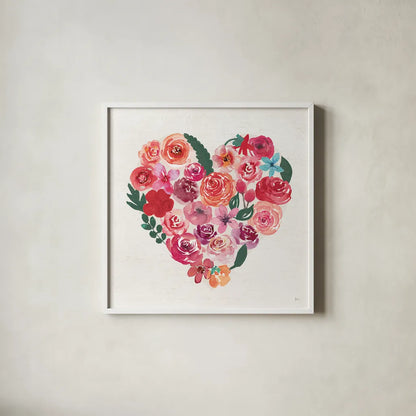 Petals of Love I Dark by Jess Aiken. Shown in a crisp white glass frame for a clean and minimalist style. Available as an archival giclee rolled canvas, fine art paper, or poster print. SKU 70518a.
