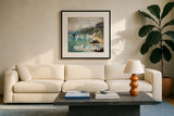 Sea View I by Jess Aiken. Displayed in a glass frame with matte in a clean modern living room. Available as an archival giclee rolled canvas, fine art paper, or poster print. SKU 29906a.