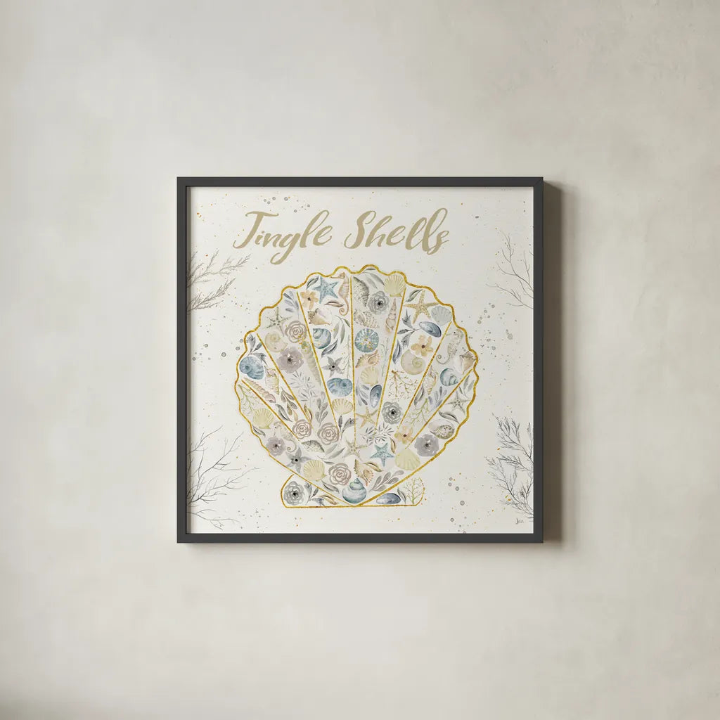 Seaside Blossoms I Blue Jingle by Jess Aiken. Shown in a sleek black glass frame for a contemporary gallery look. Available as an archival giclee rolled canvas, fine art paper, or poster print. SKU 44929a.