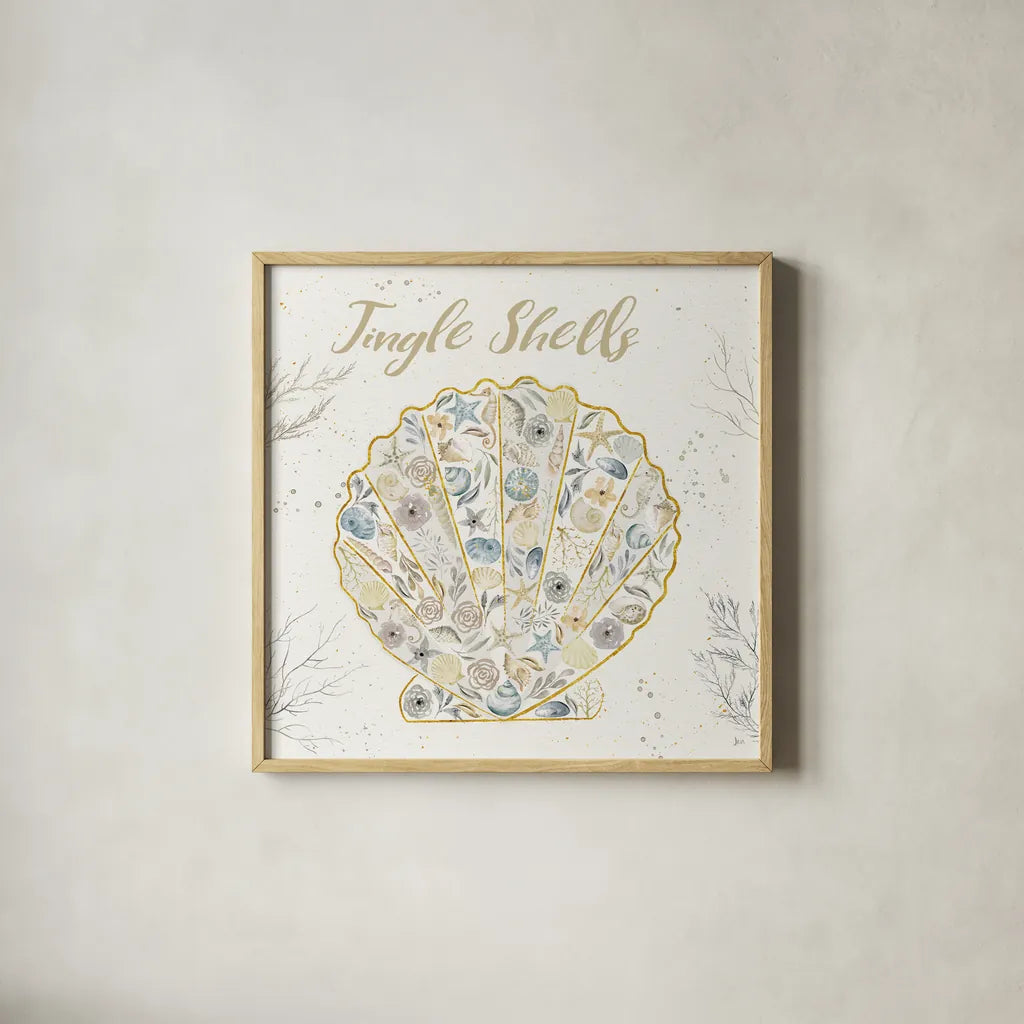 Seaside Blossoms I Blue Jingle by Jess Aiken. Shown in a natural wood glass frame for a timeless modern aesthetic. Available as an archival giclee rolled canvas, fine art paper, or poster print. SKU 44929a.