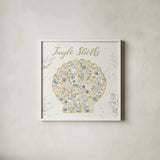 Seaside Blossoms I Blue Jingle by Jess Aiken. Shown in a crisp white glass frame for a clean and minimalist style. Available as an archival giclee rolled canvas, fine art paper, or poster print. SKU 44929a.