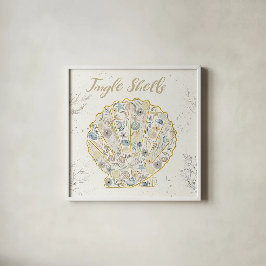 Seaside Blossoms I Blue Jingle by Jess Aiken. Shown in a crisp white glass frame for a clean and minimalist style. Available as an archival giclee rolled canvas, fine art paper, or poster print. SKU 44929a.