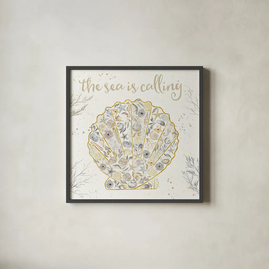 Seaside Blossoms I Neutral by Jess Aiken. Shown in a sleek black glass frame for a contemporary gallery look. Available as an archival giclee rolled canvas, fine art paper, or poster print. SKU 34917a.