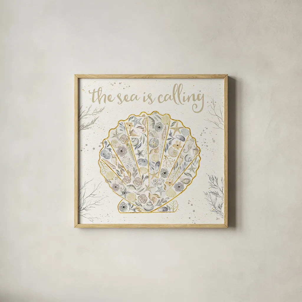 Seaside Blossoms I Neutral by Jess Aiken. Shown in a natural wood glass frame for a timeless modern aesthetic. Available as an archival giclee rolled canvas, fine art paper, or poster print. SKU 34917a.