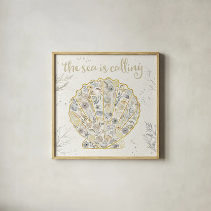 Seaside Blossoms I Neutral by Jess Aiken. Shown in a natural wood glass frame for a timeless modern aesthetic. Available as an archival giclee rolled canvas, fine art paper, or poster print. SKU 34917a.