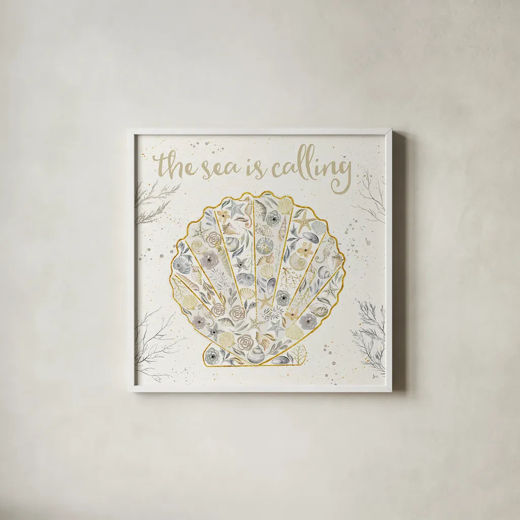 Seaside Blossoms I Neutral by Jess Aiken. Shown in a crisp white glass frame for a clean and minimalist style. Available as an archival giclee rolled canvas, fine art paper, or poster print. SKU 34917a.