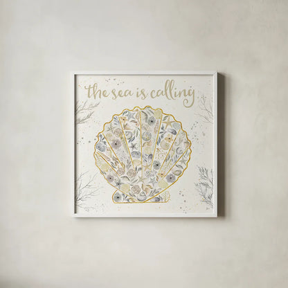 Seaside Blossoms I Neutral by Jess Aiken. Shown in a crisp white glass frame for a clean and minimalist style. Available as an archival giclee rolled canvas, fine art paper, or poster print. SKU 34917a.