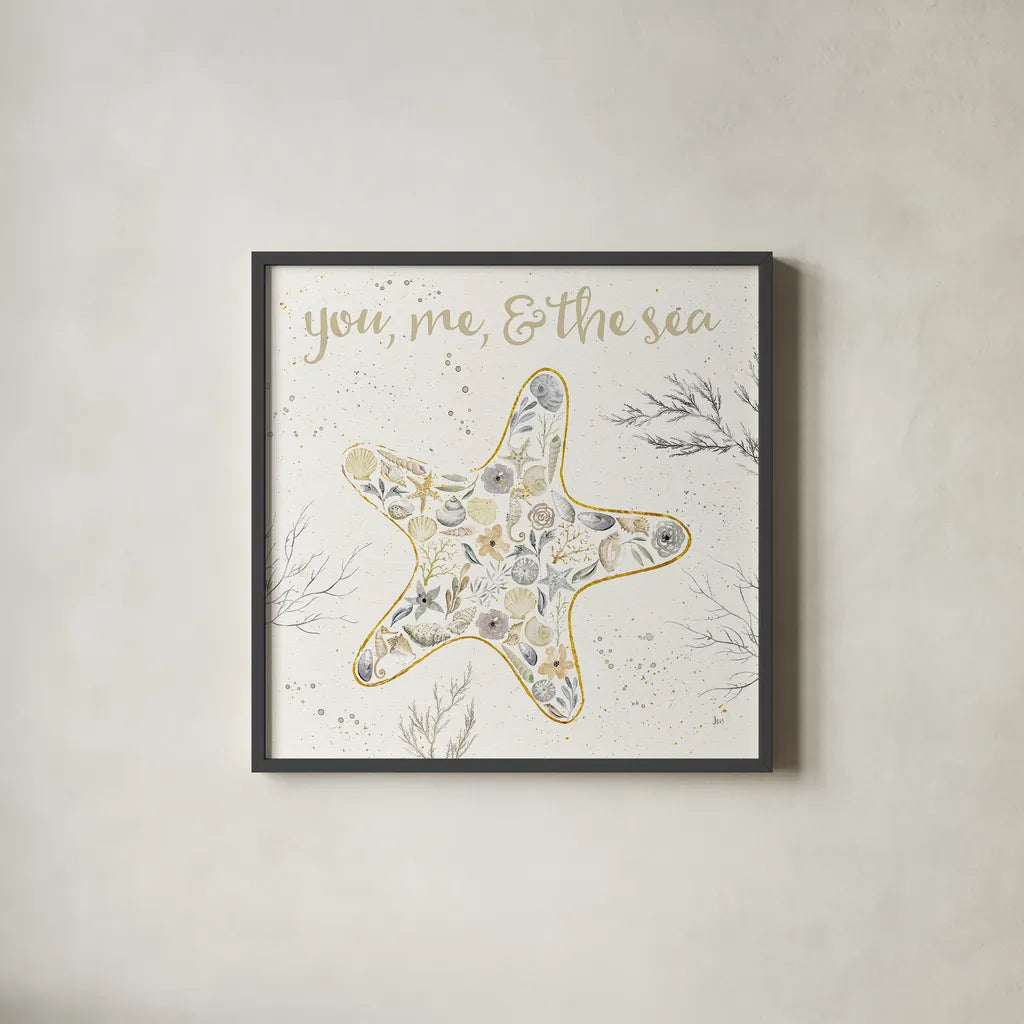 Seaside Blossoms II Neutral by Jess Aiken. Shown in a sleek black glass frame for a contemporary gallery look. Available as an archival giclee rolled canvas, fine art paper, or poster print. SKU 34918a.