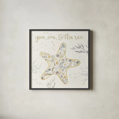 Seaside Blossoms II Neutral by Jess Aiken. Shown in a sleek black glass frame for a contemporary gallery look. Available as an archival giclee rolled canvas, fine art paper, or poster print. SKU 34918a.