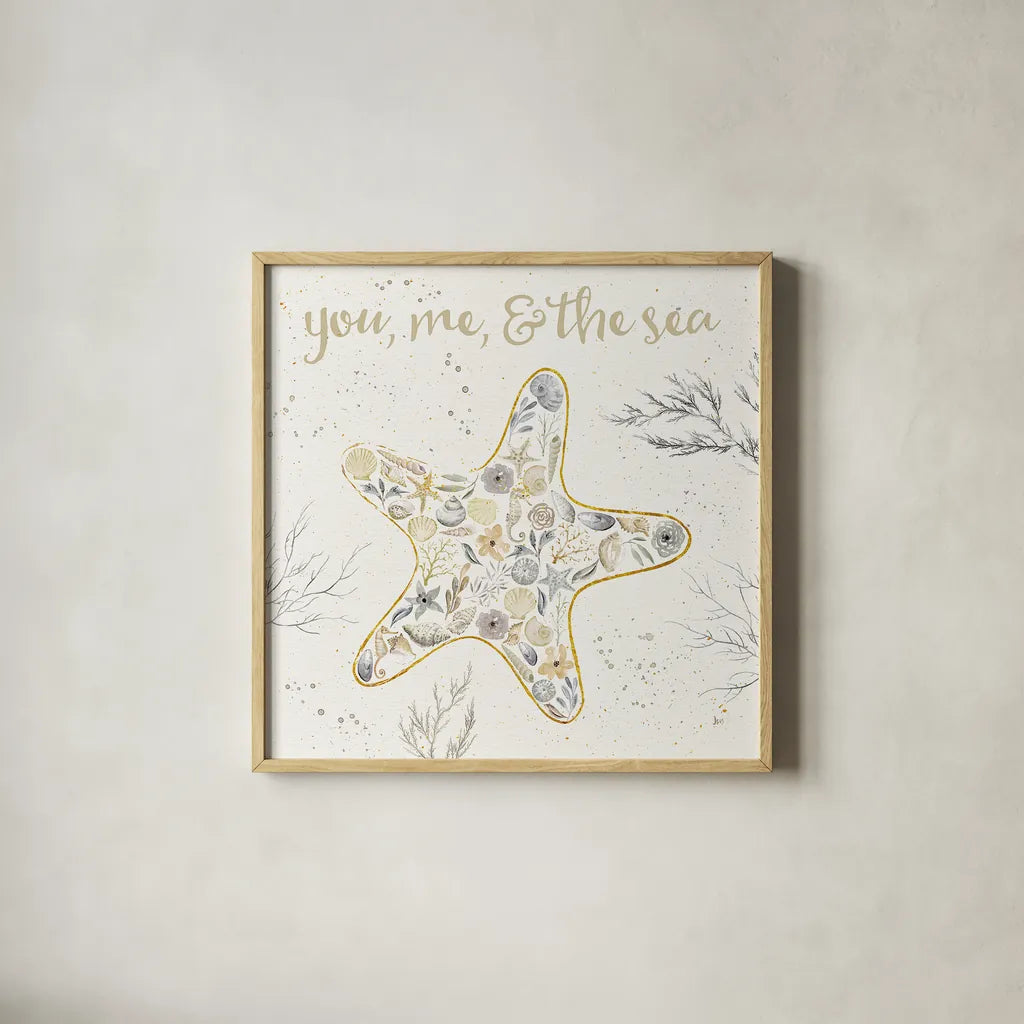 Seaside Blossoms II Neutral by Jess Aiken. Shown in a natural wood glass frame for a timeless modern aesthetic. Available as an archival giclee rolled canvas, fine art paper, or poster print. SKU 34918a.