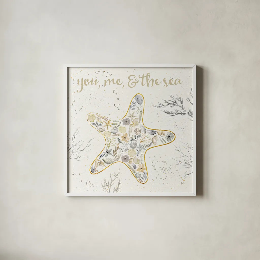 Seaside Blossoms II Neutral by Jess Aiken. Shown in a crisp white glass frame for a clean and minimalist style. Available as an archival giclee rolled canvas, fine art paper, or poster print. SKU 34918a.