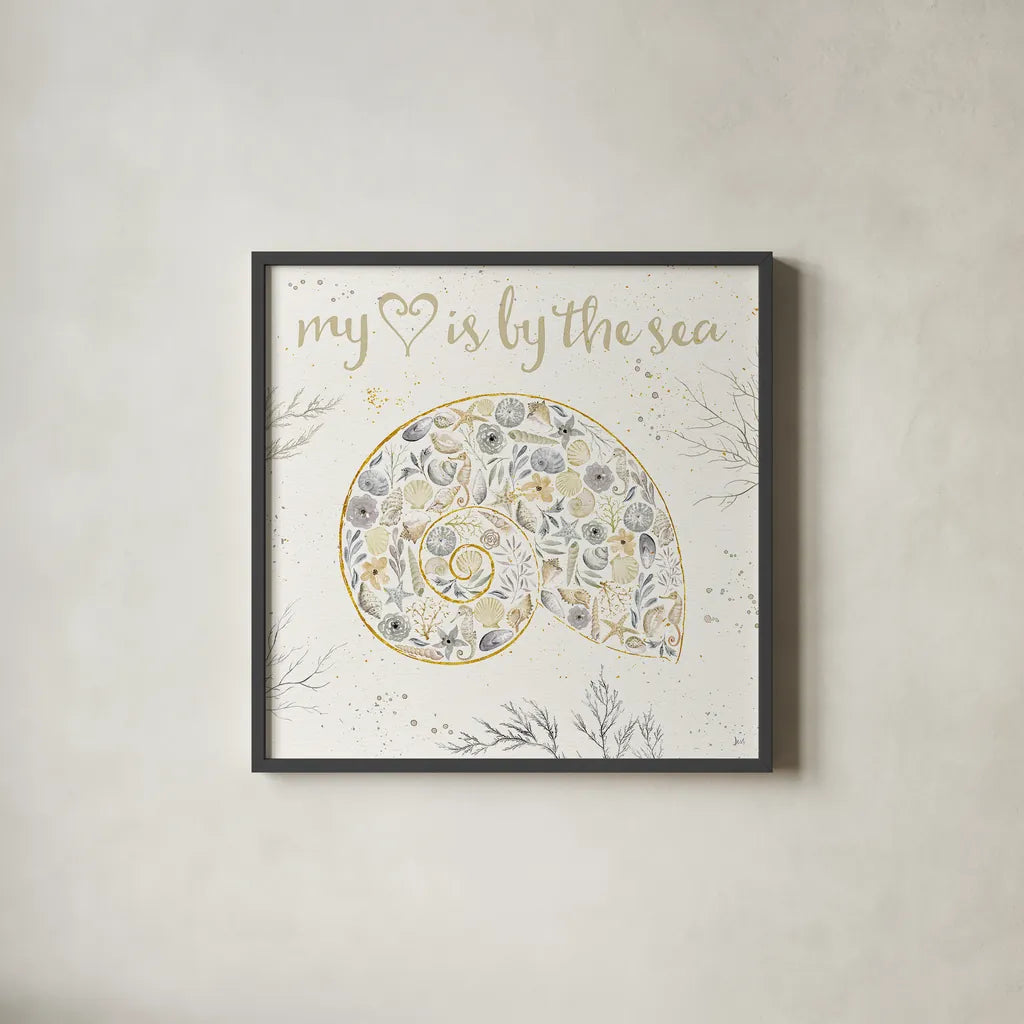 Seaside Blossoms III Neutral by Jess Aiken. Shown in a sleek black glass frame for a contemporary gallery look. Available as an archival giclee rolled canvas, fine art paper, or poster print. SKU 34919a.