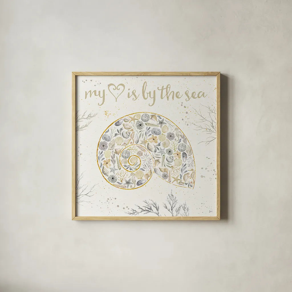 Seaside Blossoms III Neutral by Jess Aiken. Shown in a natural wood glass frame for a timeless modern aesthetic. Available as an archival giclee rolled canvas, fine art paper, or poster print. SKU 34919a.