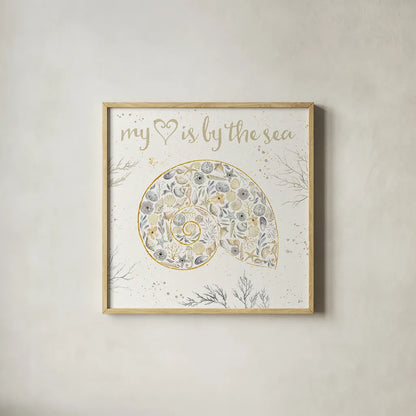 Seaside Blossoms III Neutral by Jess Aiken. Shown in a natural wood glass frame for a timeless modern aesthetic. Available as an archival giclee rolled canvas, fine art paper, or poster print. SKU 34919a.