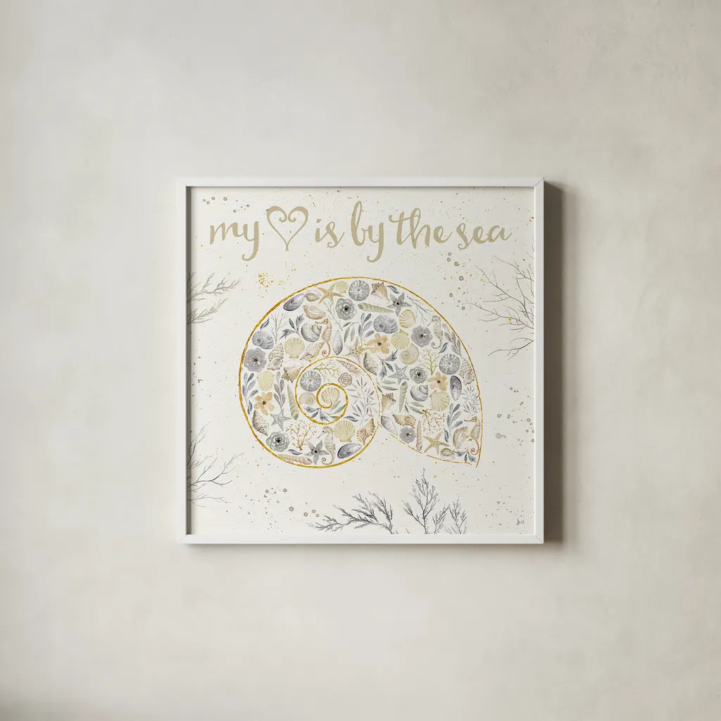 Seaside Blossoms III Neutral by Jess Aiken. Shown in a crisp white glass frame for a clean and minimalist style. Available as an archival giclee rolled canvas, fine art paper, or poster print. SKU 34919a.