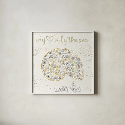 Seaside Blossoms III Neutral by Jess Aiken. Shown in a crisp white glass frame for a clean and minimalist style. Available as an archival giclee rolled canvas, fine art paper, or poster print. SKU 34919a.