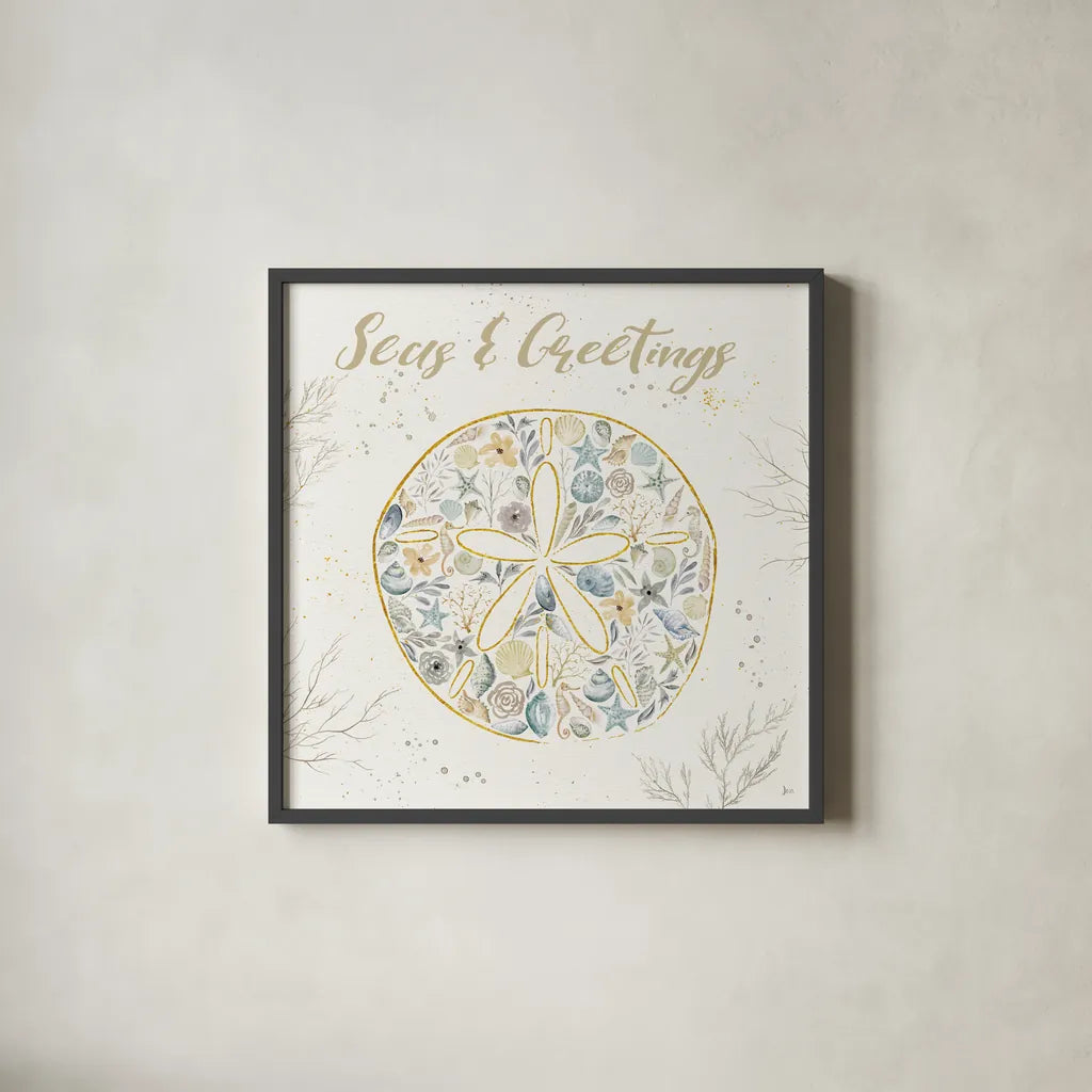 Seaside Blossoms IV Blue Greetings by Jess Aiken. Shown in a sleek black glass frame for a contemporary gallery look. Available as an archival giclee rolled canvas, fine art paper, or poster print. SKU 44930a.