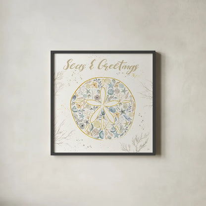 Seaside Blossoms IV Blue Greetings by Jess Aiken. Shown in a sleek black glass frame for a contemporary gallery look. Available as an archival giclee rolled canvas, fine art paper, or poster print. SKU 44930a.