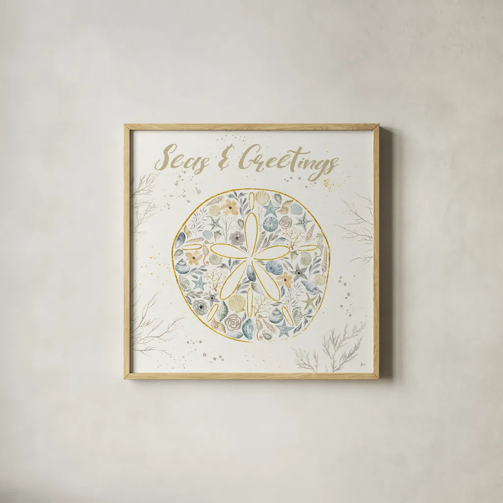 Seaside Blossoms IV Blue Greetings by Jess Aiken. Shown in a natural wood glass frame for a timeless modern aesthetic. Available as an archival giclee rolled canvas, fine art paper, or poster print. SKU 44930a.